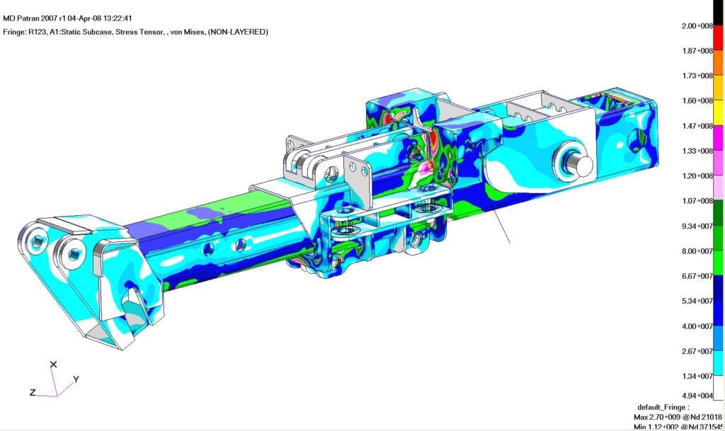 Mapa naprężenia zredukowanego na zewnętrznej powierzchni wysięgnika
