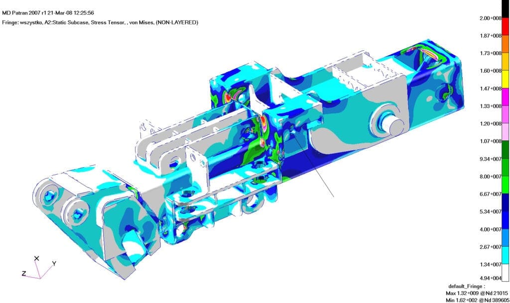Mapa naprężenia zredukowanego na zewnętrznej powierzchni wysięgnika