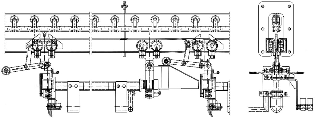 Mechanizm sprzęgania łańcucha power z wózkiem free