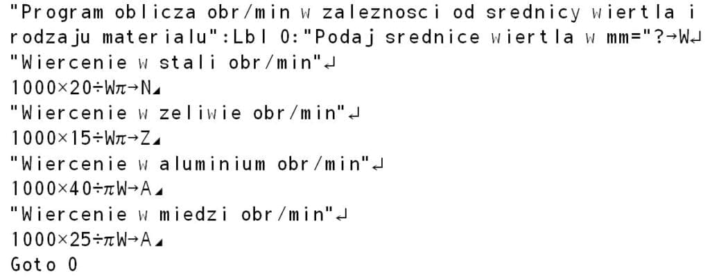 program do wyznaczania parametrów wiercenia na kalkulatorze graficznym Casio